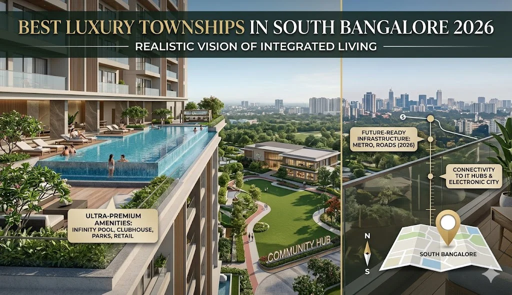 Architectural visualization of Godrej Bannerghatta featuring high-rise towers integrated with a 6-acre dense forest and a grand 70,000 sq. ft. clubhouse.